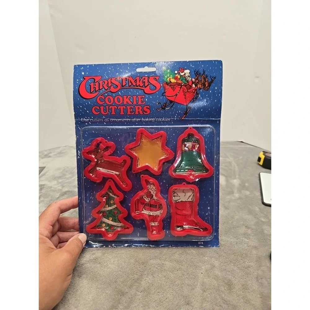 Vintage Christmas Cookie Cutters Set of 6 Red Plastic Ornaments Santa Tree Star